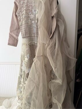Threads and Motifs Embroidered Formal Girls' Lehenga in Light Taupe